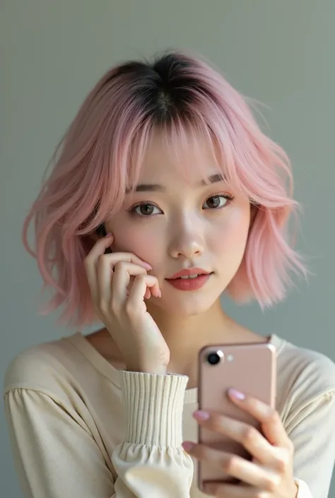 femme qui se prend en selfie comme sur la photo de référence elle a une coupe de cheveux au carré rose pastel .elle a un corps  naturel elle est d’origine asiatique .