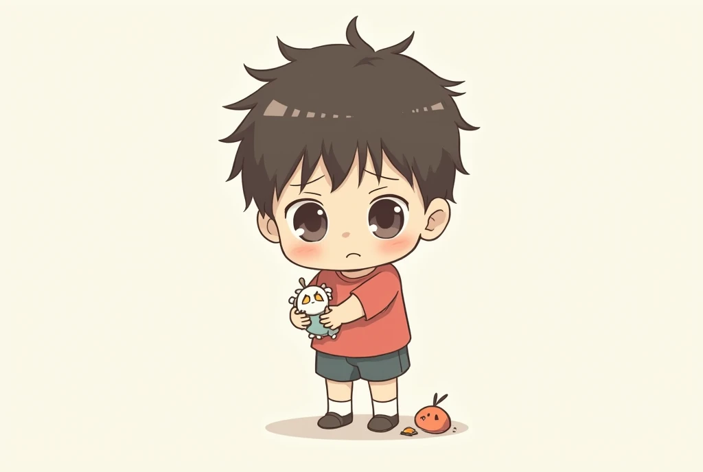 The child stood there，Head down，Holding a broken toy in hand，A guilty look on his face。Cartoon，可爱Cartoon，可爱Cartoon风格，Cute illustration，Clean anime art，Simple background