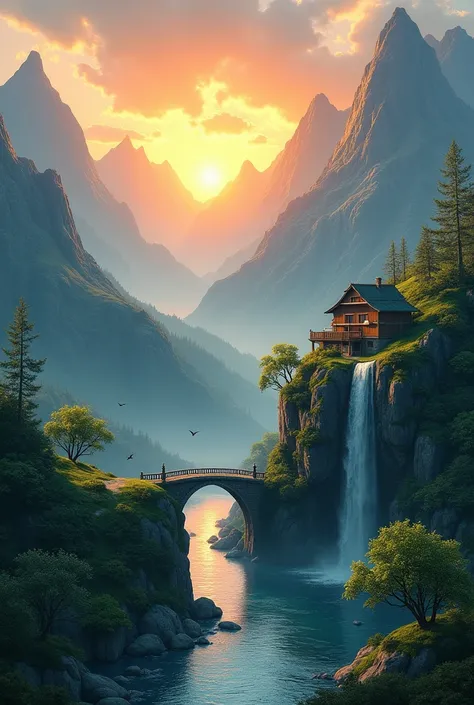  
Mountains and small trees, the main sun is rising in the middle of many mountains, a river is coming out from the side of the mountain, there is a bridge on the river to go to the  house mountain, waterfall bird moss all over house mountain side