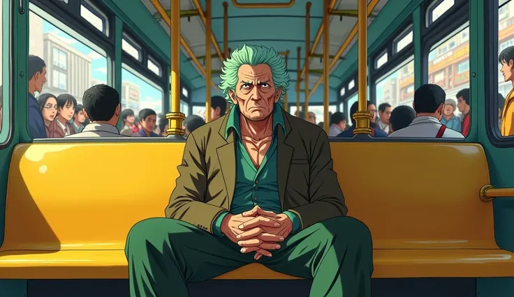 Bus seat preference ( yellow chair) anime style . Com o zoro personagem do anime one piece, looking like an old man sitting on it .puts the bus he is on in the background,  cheio de people standing , people standing,  the crowded bus