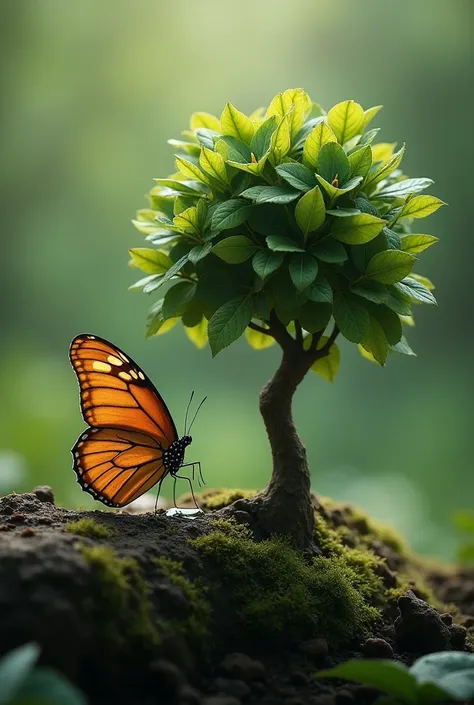 A butterfly emerging from its cocoon, still wet and fragile, symbolizing painful growth. from beside, a robust tree full of life, representing the end result of this growth.