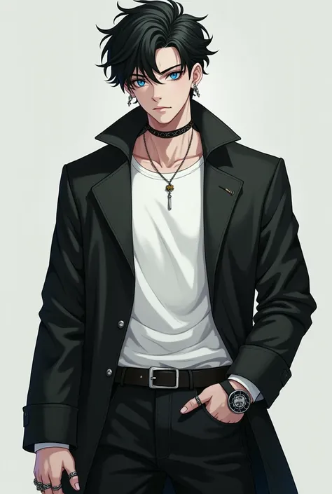 Boy with black hair and blue and light green eyes , strong physique wearing an open black coat a white t-shirt and black pants , rings on the fingers , and an earring in the ear  , 