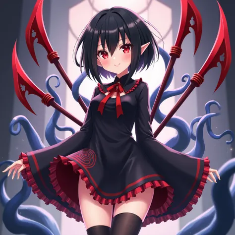 Anime Girl、Black short bob、Asymmetrical hairstyle、Red Eye、Slanted Eyes、Black dress、Red ribbon on chest、Black mini skirt、Red swirl pattern on the hem of the skirt、Black knee socks、Three red sickles hanging from his back、Three blue tentacles coming out of it...