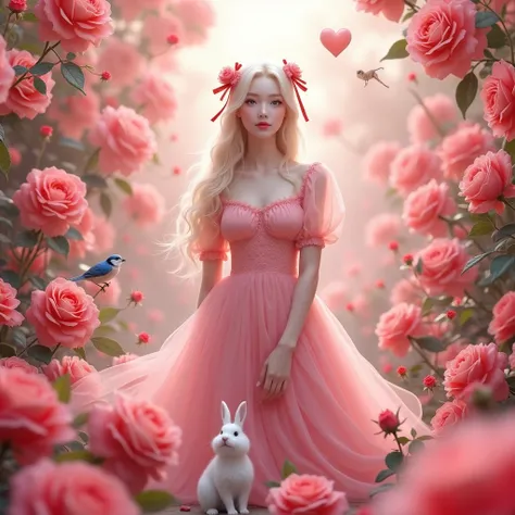 A beautiful Korean woman with flawless white skin with long blonde hair and blue eyes was sitting among a beautiful and spectacular forest of red and pink roses. The girl was wearing a pink dress, balloon-style sleeves and a closed chest with two red ribbo...