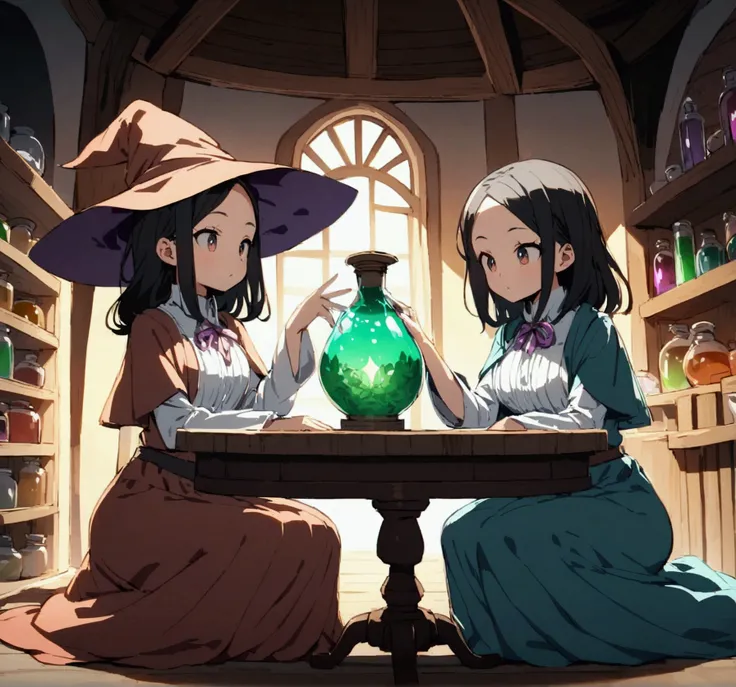 anime girl in witch hat、sitting at a table with a cat, alchemist girl, frivolous anime witch casting a spell, put a spell on the...