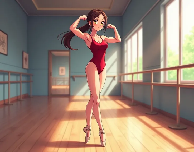 anime illustration of an anime ballerina, flexing her strong bare legs, in a studio.