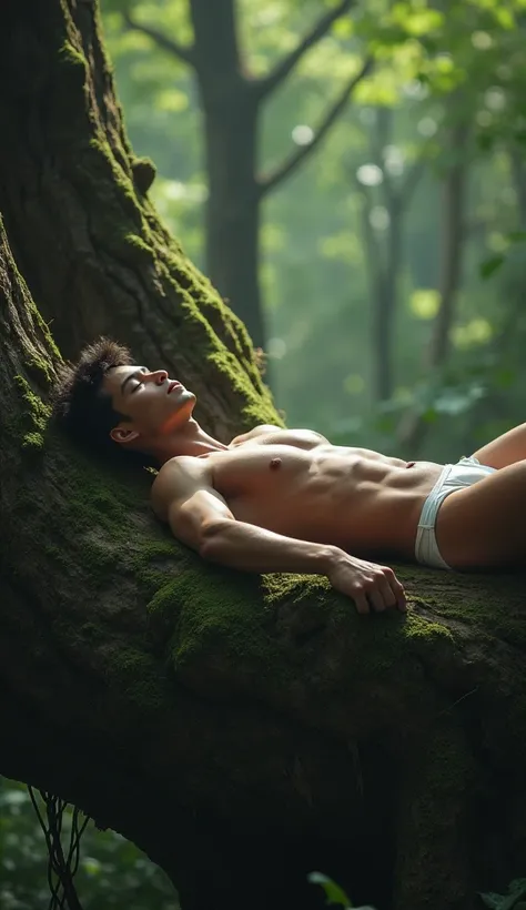 A handsome young man sleeping on a large tree trunk wearing only underwear, cinematic look