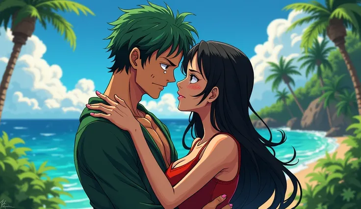 Zoro character from one piece kissing Nami,  who is also a character from one piece. And Nico Tobin looking sad crying . no,  Nico Robin who is crying,  and not zoro and anime, and Nico Robin&#39;s hair is black 