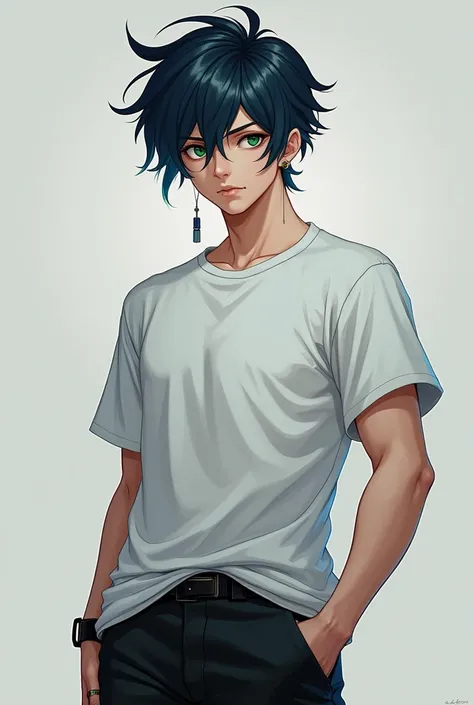 Boy with black and blue hair ,green eyes , strong physique, wearing a white t-shirt and black pants , rings on the fingers , and earring in the ear  , 