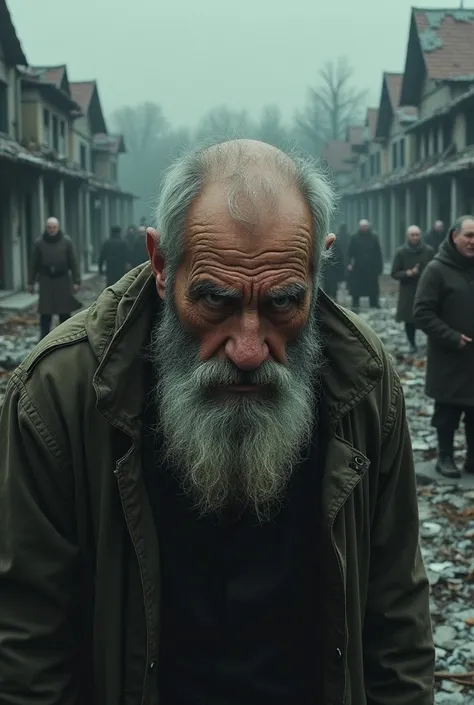 An old man with glassy eyes who lost his family in the war with a beard that is not well cared for looks into the void and in the background you can see crying people and broken houses 