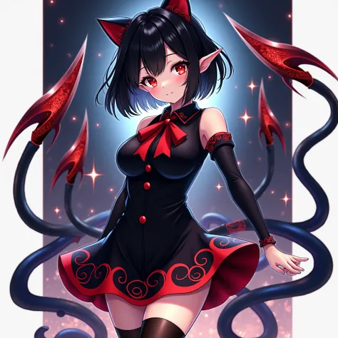 Anime Girl、Black short bob、Asymmetrical hairstyle、Red Eye、Slanted Eyes、Black dress、Red ribbon on chest、Black mini skirt、Red swirl pattern on the hem of the skirt、Black knee socks、Three red moving scythes on his back、Three blue tentacles coming out of its b...