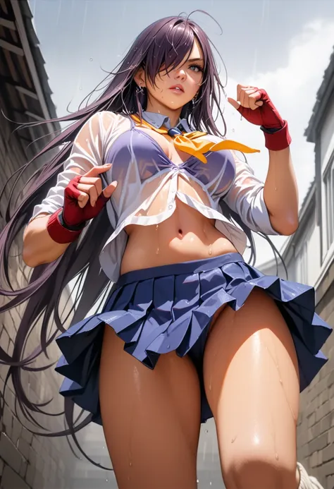 kanu,dark purple hair, hair over one eye, very long hair,school uniform,ultra miniskirt,red fingerless gloves, midriff,navel, loose socks, pleated skirt, yellow neckerchief, earrings, loafers,large breasts,perfect hands, perfect finger,perfect anatomy, mas...