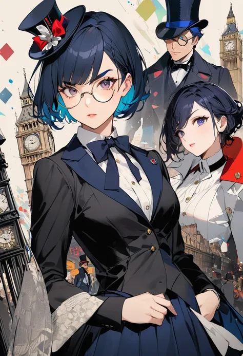 (masterpiece, best quality),
Japanese girl wearing traditional British Phantom Thief costume, like Arsene Lupine.,Top hats,tuxedo,(wearing monocle),in 19th century london,,splash color, collage art, contemporary art, BREAK (girl,16yo,detailed face,(darkblu...