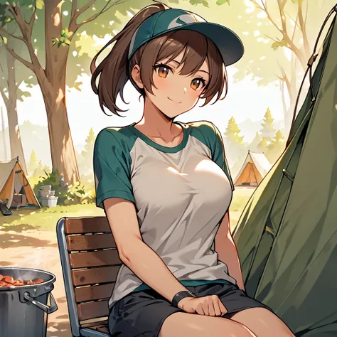 Camp Girls, alone, age 20, high resolution, high quality, ponytail, shallow brown hair, cap, large breasts, smiling, campsite, sitting on chair