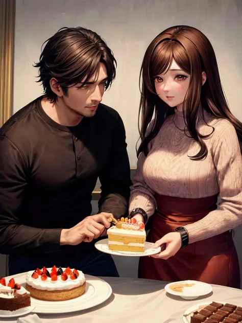 1 man, 1 woman, Anime, brown haired woman, Black-haired man, Feeding each other cake in high resolution, Masterpiece, Realistic textures, Maximum resolution, quality, High Detail, precise, High resolution model, 