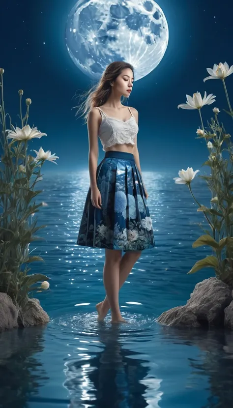 photo, Extremely detailed, a woman in skirt, under moon, water, flower, Blue Theme,  