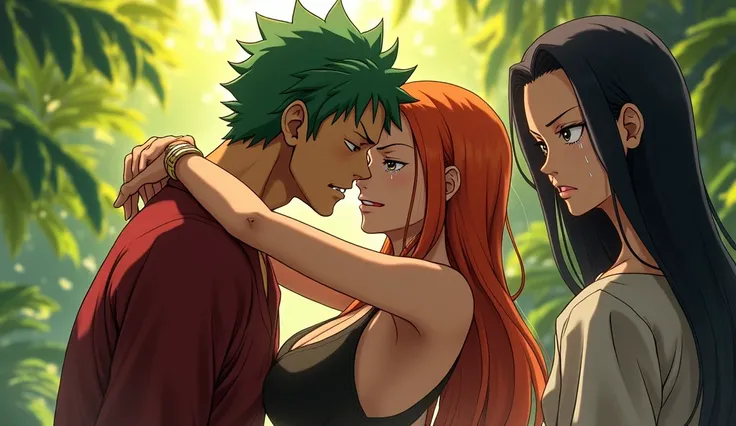 Zoro character from one piece kissing Nami,  who is also a character from one piece. And Nico Tobin looking sad crying . no,  Nico Robin who is crying,  and not zoro and anime, and Nico Robin&#39;s hair is black . And Zoro is kissing Nami 