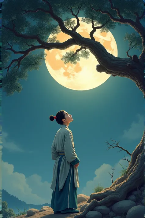 Drawing of a young Chinese man looking at the moon under a tree