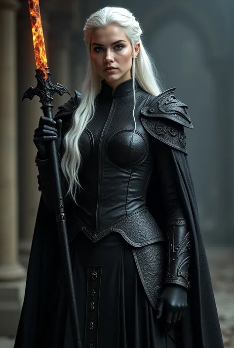 ((better qualitative)) , (detailed), Visenya Targaryen,  A woman dressed as a dragon, in formal fancy dress, queen of darkness, A warrior in black armor made of medieval dragon scales, not bulky, white hair, wielding a flaming black sword 