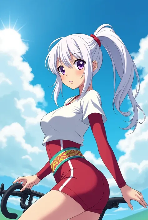 HD、Animation style、white hair 、Purple Eyes、girl、plump breasts 、High school student 、single ponytail、Baseball player、Light color short sleeve top、Long sleeve red underwear、Good shape、Thin、sash、Sky、cloud、sunny、Cycling