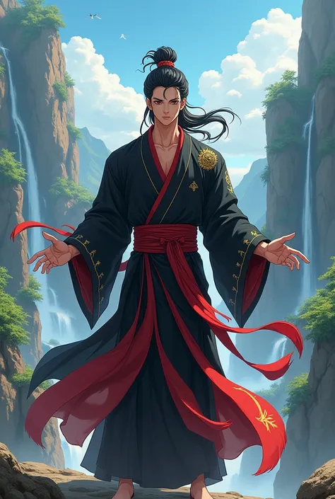 Make a Chinese Taoist Cultivator Manhwa,I want him with black hair, black eyes,wears a black outfit with red details, he is a 400 year old man full of muscles. I want it as an anime