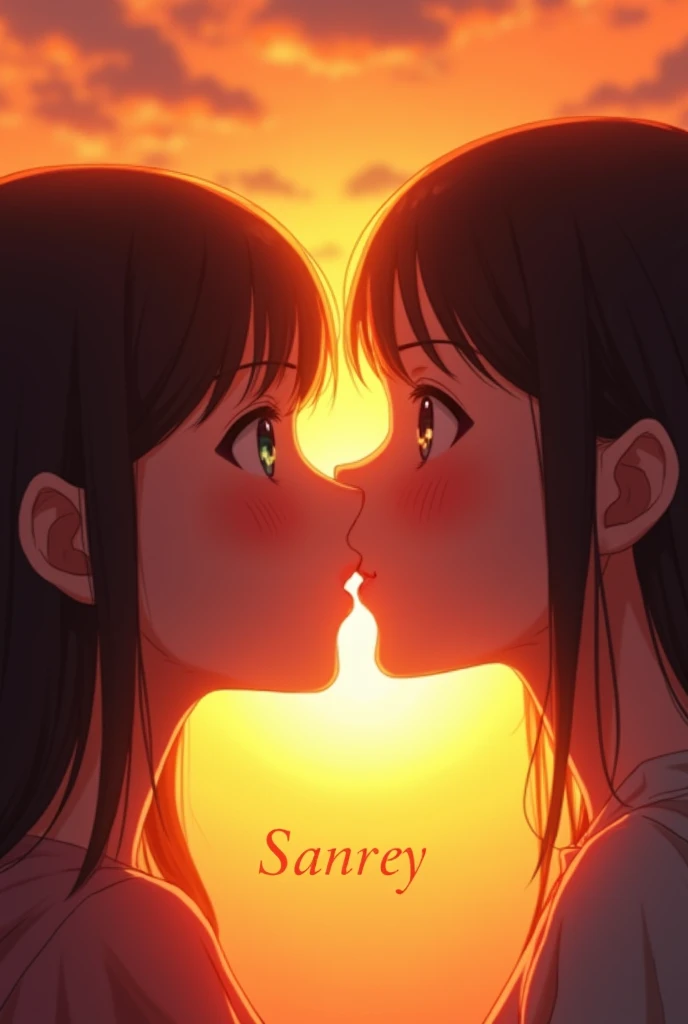 Two faces of girls kissing forming a heart and an orange sunset and the name of Sanrey