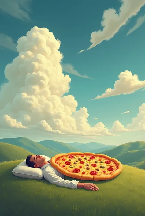 Create a image in which a man is sleeping and he is dreaming of becoming a pizza use clouds to express the dream