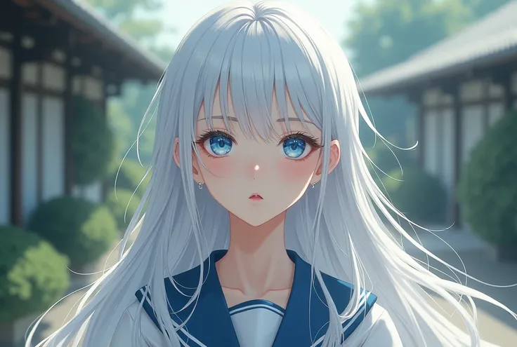 Long hair, white, and wearing a school uniform, Blue eyes, 