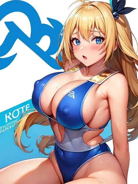  (White background, 1girl:1.4), BREAK,Long blonde hair, blue eyes,Narrow waist,voluptuous Breasts,(one-piece competitive swimwear,one-piece competition swimsuit:1.6), blush,Open your mouth,(covered nipples:1.2)