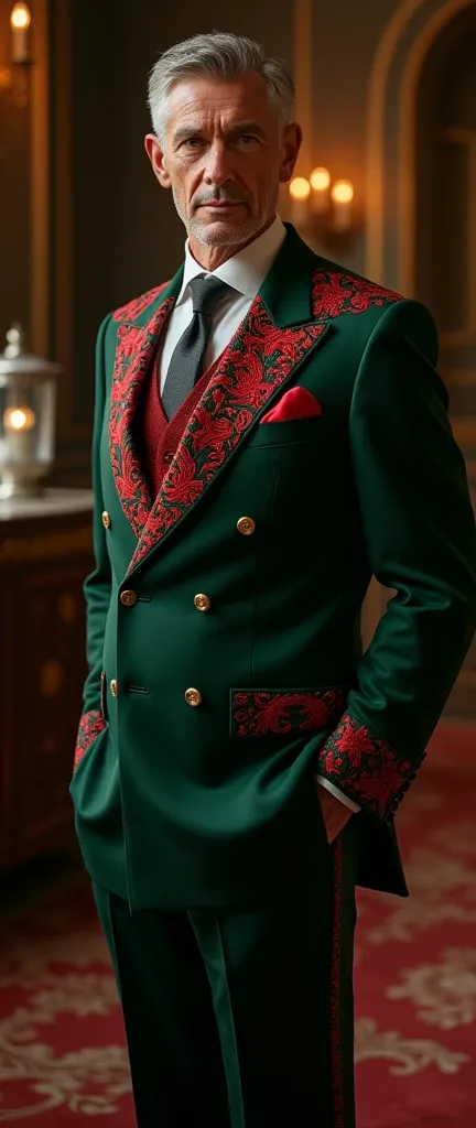 Elegant men&#39;s suit in dark green with crimson red embroidery.