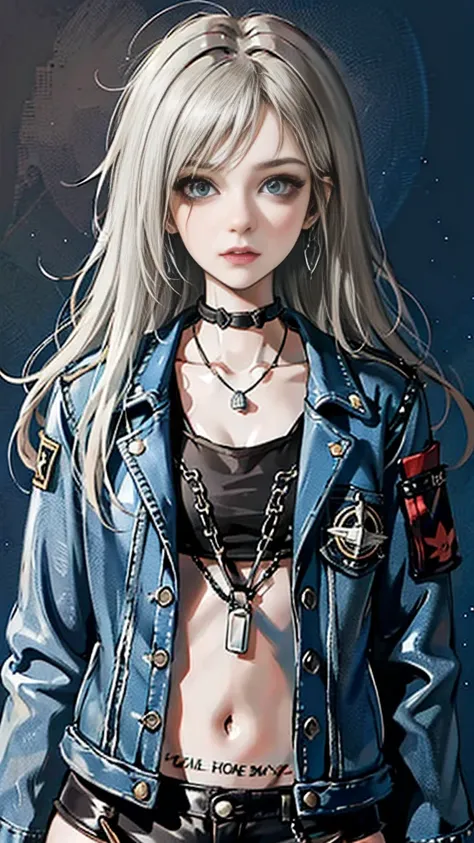 (masterpiece:1.2, Best Quality), (1 female, Alone, Upper Body:1.2), hair: Circular Cut, clothing: Extra Large, Distressed denim jacket with patches and pins, Pair it with black skinny jeans and combat boots, accessories: Silver hoop earrings and black chok...