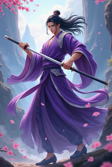 Make a Chinese swordsman from cultivator manhwa,I want him with black hair, black eyes,wears a purple outfit with silver details, he is a 400 year old man full of muscles. I want it as an anime