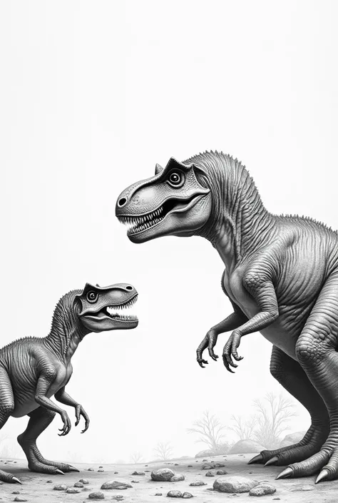 Two dinosaurs looking at each other, super realistic pencil drawing 