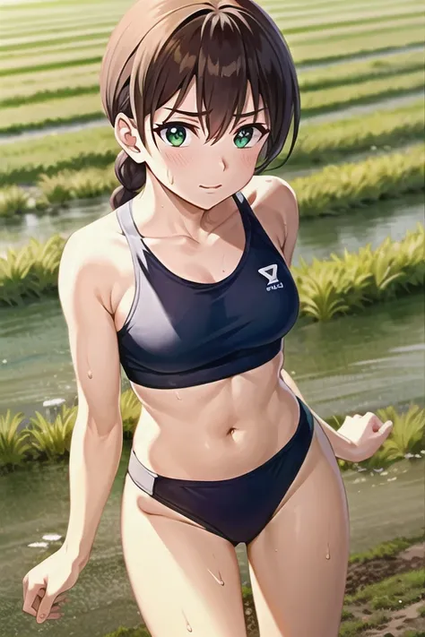 miyanoshita satsuki, green eyes, brown hair, braid, long hair, hair bow,t-shirt sheer with sweat　muddy sports bra　muddy sports b...