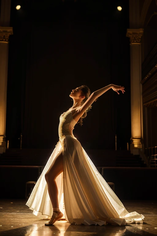 ballerina in long dress dancing classical ballet on stage full length on stage , illuminated by bright colored lights, with an emphasis on grace and emotion during performance, the angle is as if the viewer is looking from the auditorium