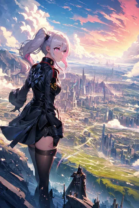 realisitic，A vast city spreads out、noon, the skyscraper army、Horizon，composed々The sky is getting brighter、Huge spring clouds、Vibrant colors、adult woman watching from distant mountain top,silver medium hair,(side ponytail),from side,wearing military costume...