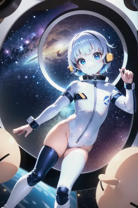 a very young child, (naked), small, smile, (Wear a tight-fitting white space suit), (Space Station), (The space seen from the circle window), meteorite, beautiful stars, Sexy pose, presenting panties.