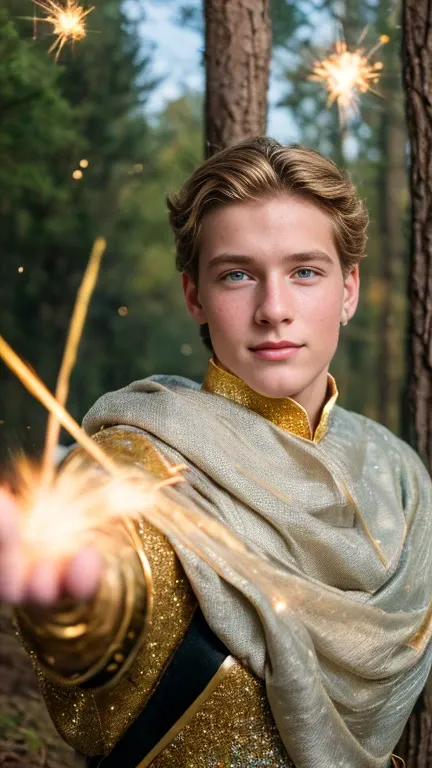 ((One Man)), (((portrait of a young man in a princely costume))), ((Long sleaves)), With stormy grey colored eyes, golden skin, short honey blond curly, Magical, Beautiful, Enchanting, Photorealism, mid-shot, ((Deep forest)), Fantasy Art, (((Many sparkling...