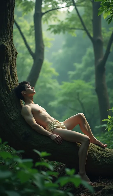 A handsome Korean young man is sleeping on a big tree trunk in the middle of the forest., naked with one leg hanging, cinematic look