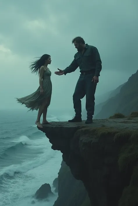 a woman with long black hair standing on a cliff and considering taking her own life next to her her husband who is 2 meters long and very broad tries to save her