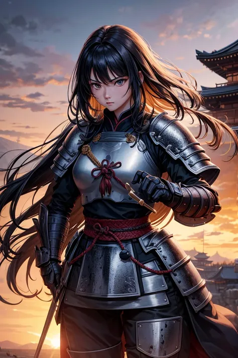 armored１people women, sad, old japanese samurai clothing, wearing light armor, tight waist, black hair, long hair, black eye, fi...