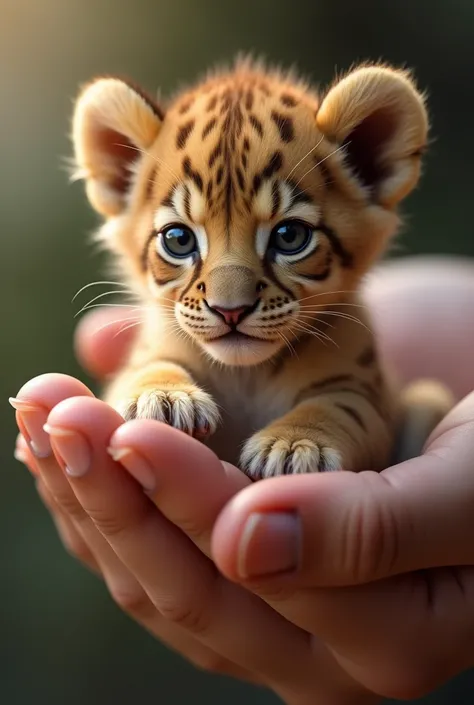 Create a hyper-realistic image of a  baby lion sitting in incredibly small,with non stripped  brown skin and large, expensive eyes.it holds onto the thumbwith its tiny , adorable feet . The scene is focused closely on the baby lion , highlightingits delica...