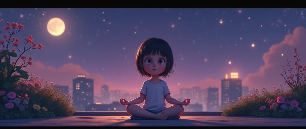 a child meditating on the rooftop, with a starry night sky and tall buildings
(best quality,4k,8k,highres,masterpiece:1.2),ultra-detailed,(realistic,photorealistic,photo-realistic:1.37),HDR,UHD,studio lighting,extremely detailed eyes and face,long eyelashe...