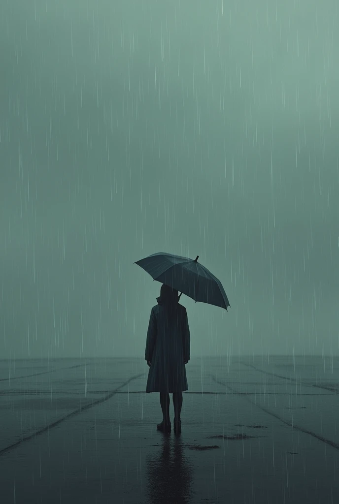 A person in a raincoat or umbrella stands in an open area in the rain. A sense of loneliness and sadness.