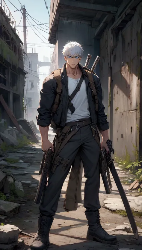 A man tall, lean and muscular with white hair, vibrant blue eyes, wears a black jacket with a white shirt underneath, military pants and boots, two katanas on his back and two pistols in his holster, a small scar that crosses the corner of his lips, menaci...