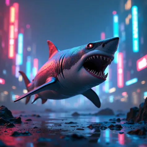 a meme cryptocurrency shark, highly detailed, sharp focus, glowing eyes, open jaws with sharp teeth, dynamic pose, digital art, neon colors, vibrant, cyberpunk, 4k, octane render, cinematic lighting, hyper realistic, photorealistic