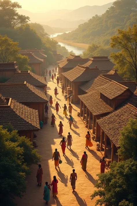 Ancient time india, with village full of Golden houses and people working, like some are talking and some are going somewhere view from drone