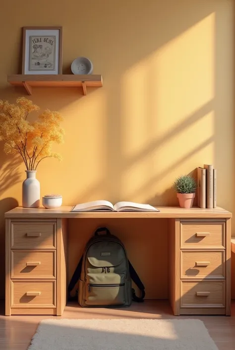 Create a study space where the school bag looks like it&#39;s behind a desk with drawers.