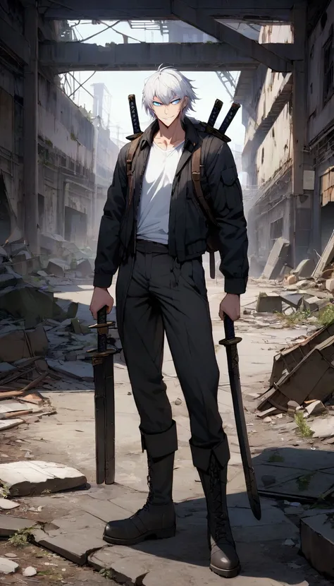 A man tall and lean with white hair, vibrant blue eyes, wears a black jacket with a white shirt underneath, military pants and boots, two katanas on his back and two pistols in his hands, sadistic grin, menacing stare at the viewer, abandoned factory in th...