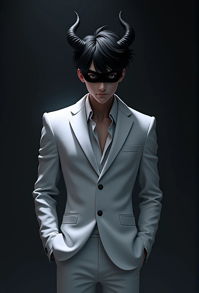 All black eyes、Blindfold、black hair、A handsome young man in a white suit with horns on his head, Tanned skin, Slender figure, anime, 3d images, Slender figure